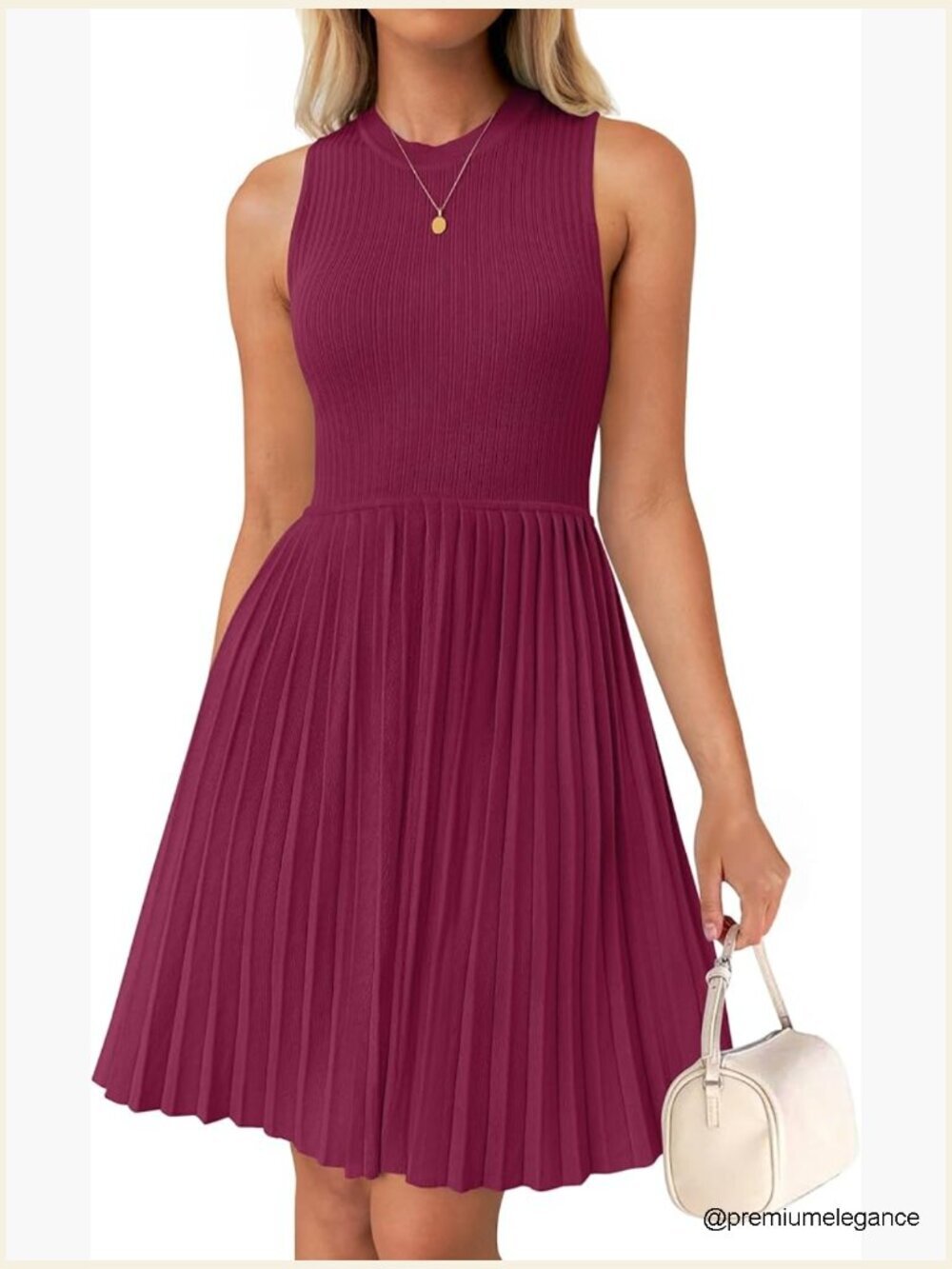 Sleeveless Crewneck Knit Pleated Mini Swing Dress Summer Business Casual
